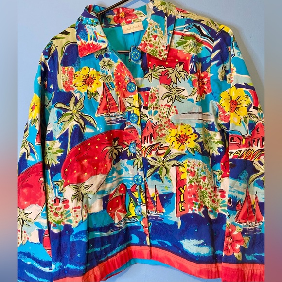 Studio Works Jacket Womens Colorful Medium‎ Blue Ocean Sailboat Print - Picture 1 of 4